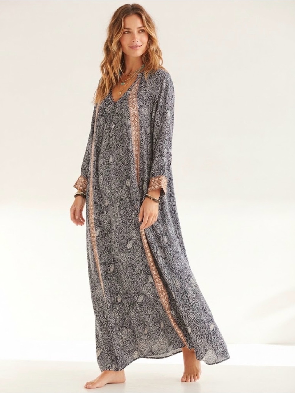 Natalie Martin Fiore 100% Silk Boho Maxi Dress Navy Blue Print Long Sleeve S XS